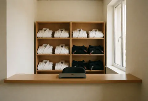 Bureau de réception dans un studio d'arts martiaux avec des uniformes blancs et des ceintures noires sur des étagères en bois, éclairé par la lumière naturelle d'une fenêtre.