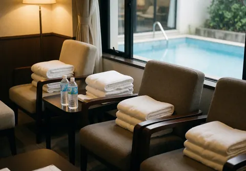 Espace détente composé de chaises et de serviettes blanches disposées près d'une fenêtre offrant une vue dégagée sur la piscine, idéal pour un coach de natation.