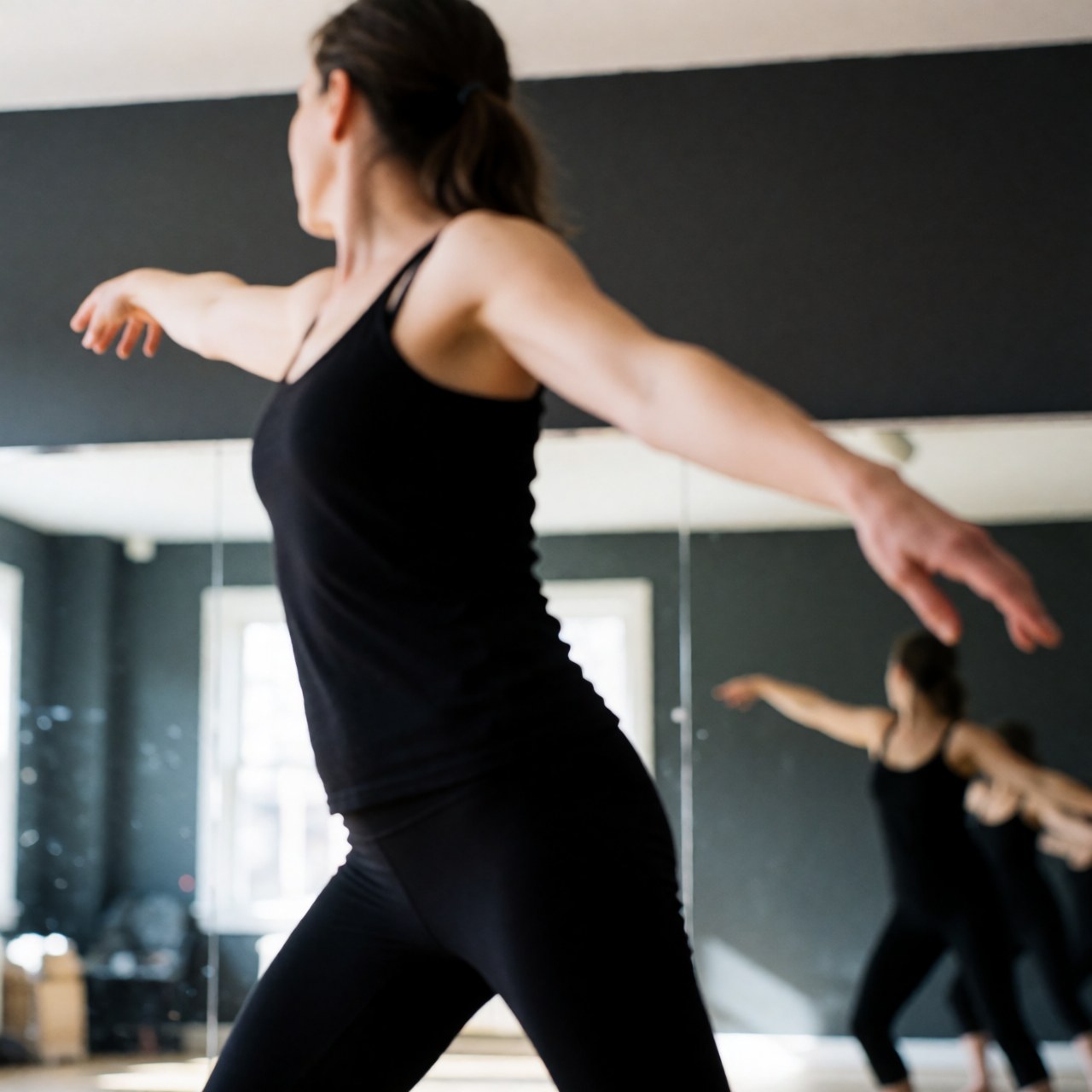 Une danseuse vêtue de noir effectue une pose expressive dans un studio aux murs gris, ses mouvements reflétés par les miroirs.