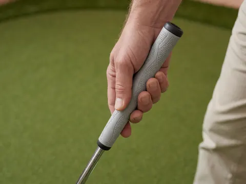 Gros plan sur la poignée ergonomique d'un putter de golf tenu par une main, posé sur l'herbe verte du terrain. Idéal pour les golfeurs à mobilité réduite.