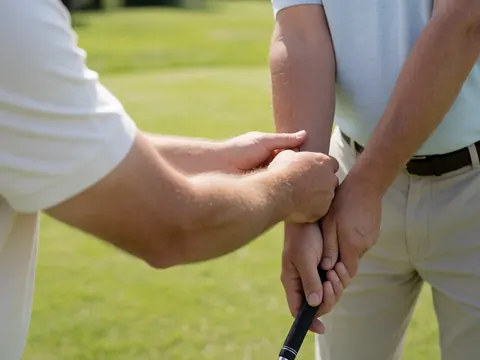 Instructeur de golf ajustant la posture d'un étudiant avec un club sur un terrain vert ensoleillé