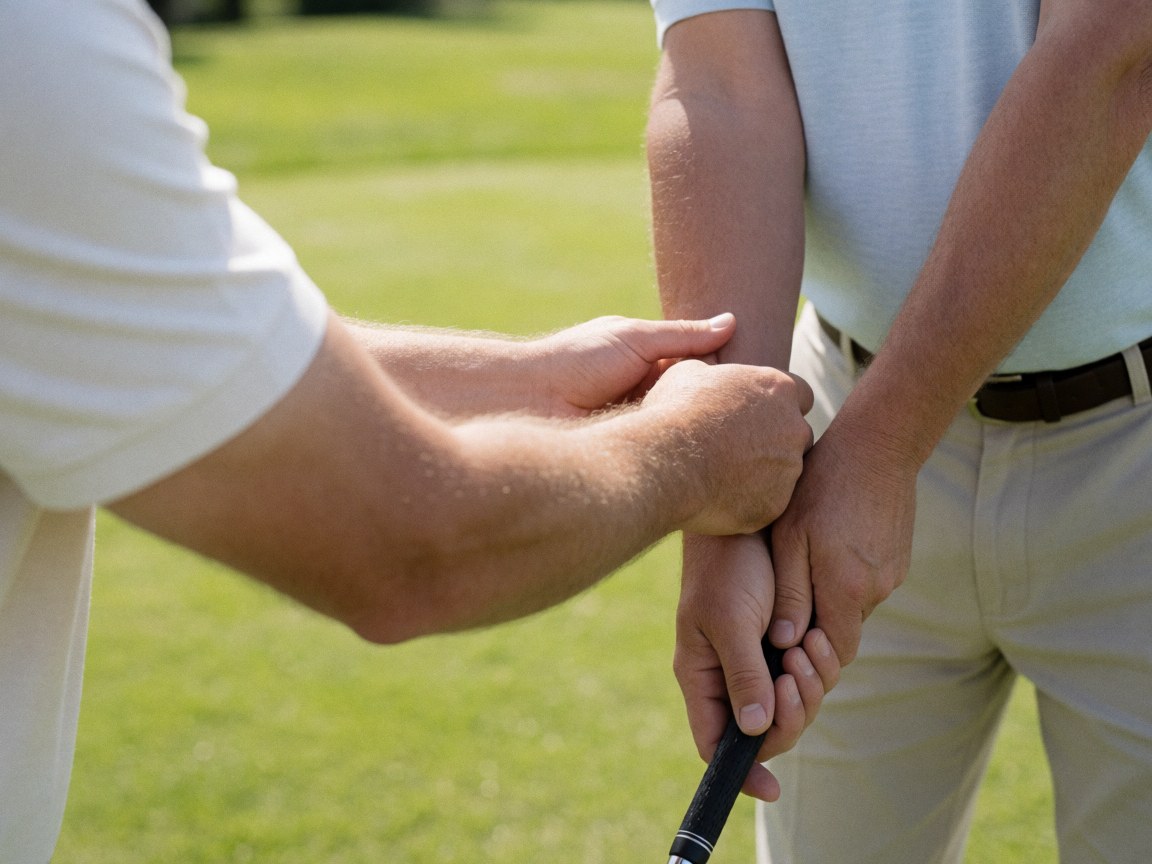 Instructeur de golf ajustant la posture d'un étudiant avec un club sur un terrain vert ensoleillé