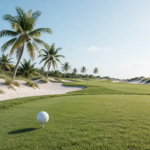 Une balle de golf blanche posée sur un tee au milieu d'un gazon vert avec des dunes de sable et des palmiers sous un ciel bleu clair.