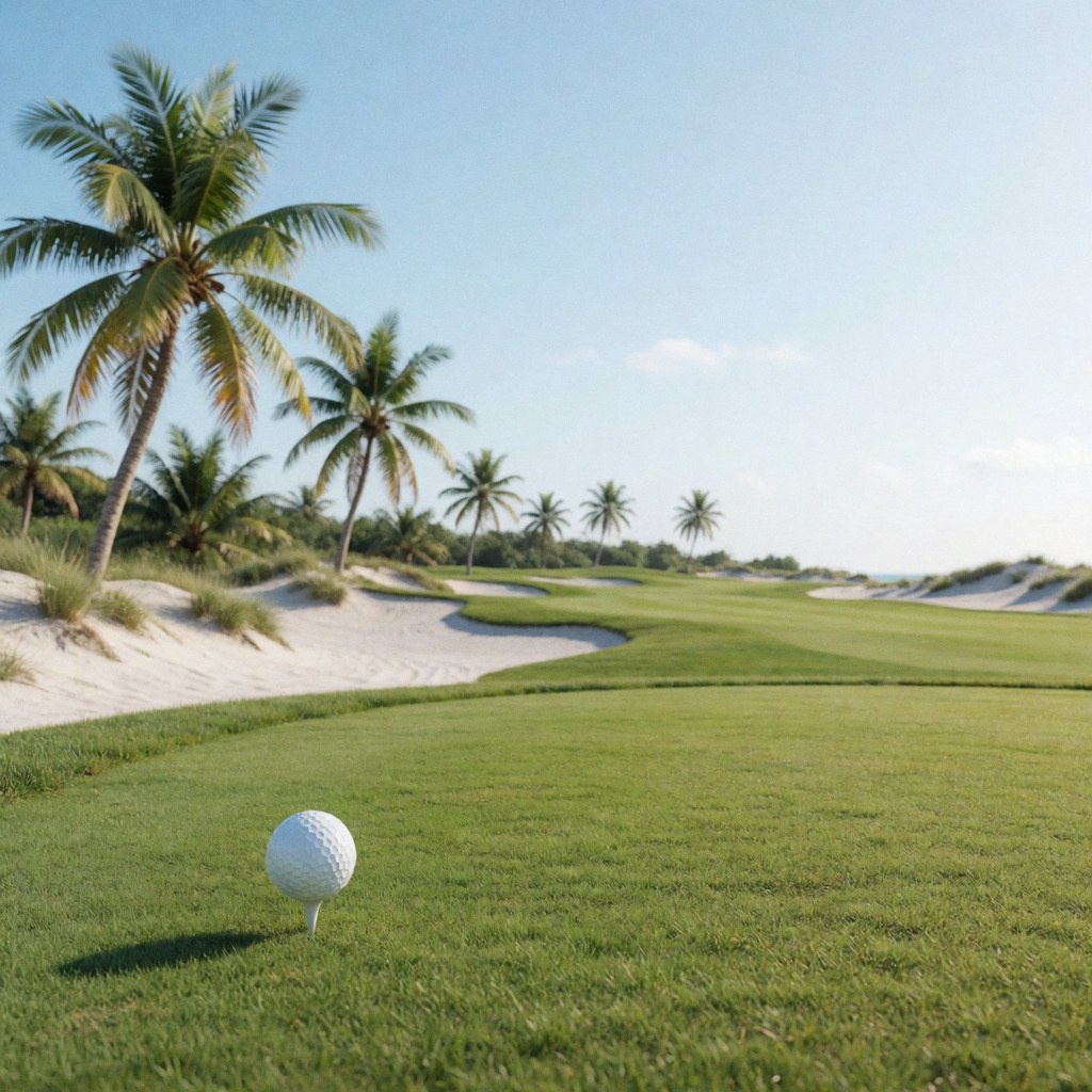 Une balle de golf blanche posée sur un tee au milieu d'un gazon vert avec des dunes de sable et des palmiers sous un ciel bleu clair.