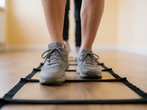 Pieds d'un adulte en chaussures grises effectuant un exercice avec une échelle d'agilité noire sur un sol en bois, fond flou et éclairage vif.
