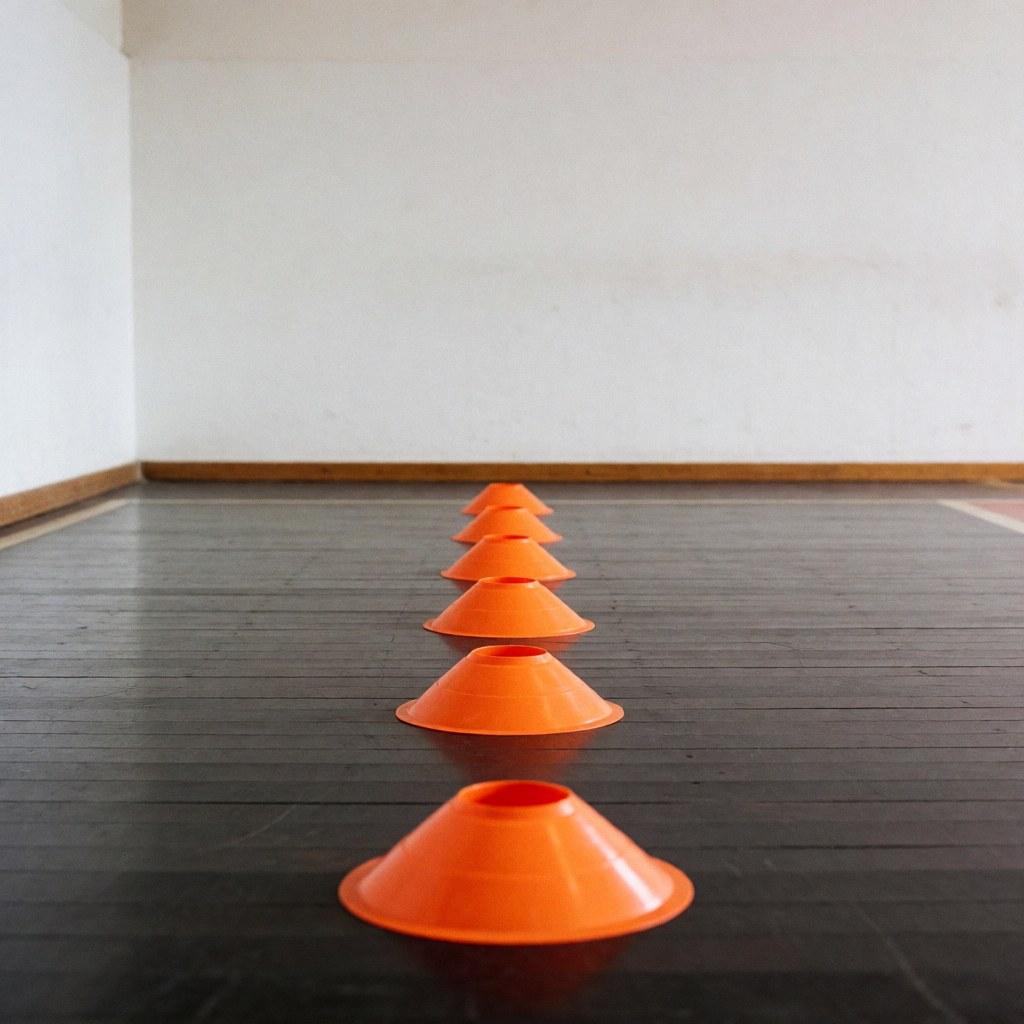 Cones orange pour l'agilité disposés en ligne sur un plancher en bois sombre avec des murs blancs en arrière-plan, idéal pour le sport.