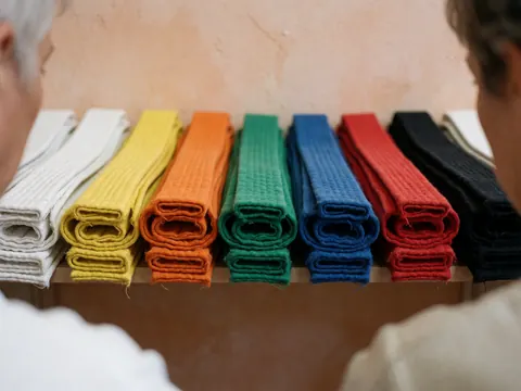 Détail de ceintures de couleurs variées pour arts martiaux, du blanc au noir, rangées sur une étagère en bois avec deux personnes observant depuis l'arrière.