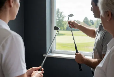 Un instructeur de golf montre des techniques avec des clubs devant une fenêtre, offrant un cadre professionnel et naturel pour l'apprentissage.