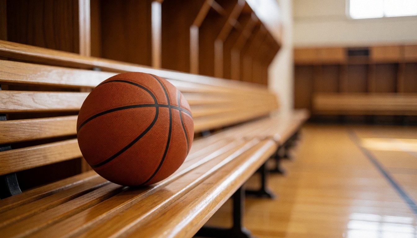 Un ballon de basket-ball orange repose sur un banc en bois dans un vestiaire. Le fond est flou avec une lumière chaude et un sol poli, idéal pour ajouter du texte.