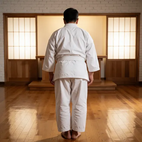 Vue arrière d'une personne portant un gi blanc dans un dojo aux sols en bois poli et aux parois shoji illuminées, créant une ambiance sereine et disciplinée.