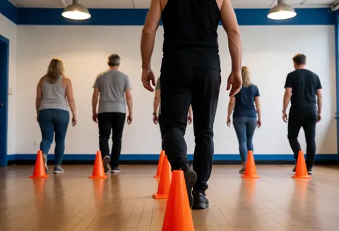 Un entraîneur dirige plusieurs joueurs lors d'un exercice avec des cônes orange dans un gymnase aux murs blancs et bleus, sous un éclairage suspendu.