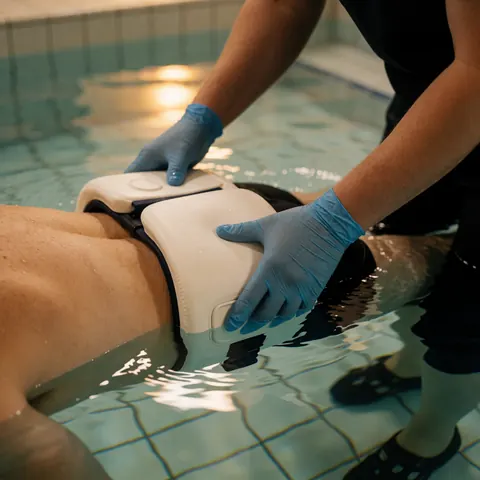 Un thérapeute portant des gants bleus ajuste une ceinture blanche de hydrothérapie autour de la taille d'un client dans une piscine carrelée à l'eau claire et à l'éclairage chaleureux.