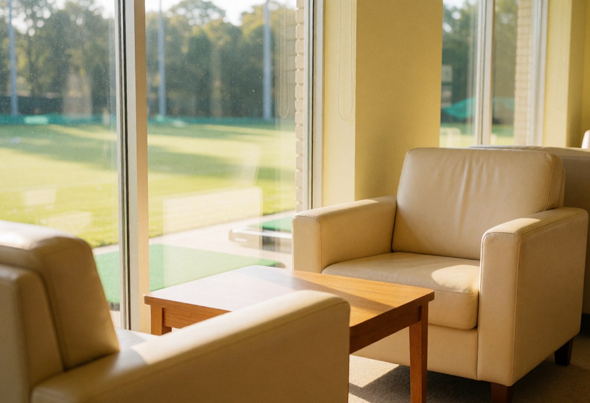 Salle d'attente de golf équipée de fauteuils beiges, d'une table en bois et offrant une vue sur le parcours. La pièce est éclairée par la lumière naturelle et dispose de murs jaune clair.