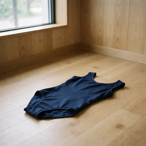 Un leotard bleu marine est posé sur un plancher en bois clair dans une pièce aux murs lambrissés, baignée de lumière naturelle.