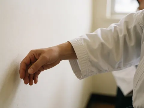 Gros plan sur la manche d'un kimono de karate blanc, montrant des coutures renforcées et la texture du coton sous une lumière naturelle douce sur un fond de mur blanc chaud.