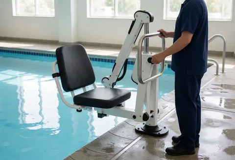 Un instructeur de natation en uniforme bleu utilise un ascenseur hydraulique noir près d'une piscine intérieure aux eaux claires et au sol humide.