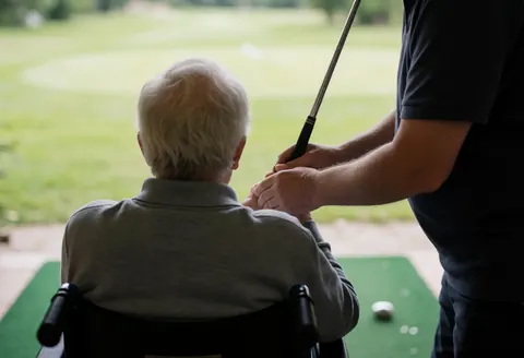 Un instructeur de golf aide un client en fauteuil roulant à frapper la balle sur un terrain vert, illustrant une pratique inclusive et professionnelle.