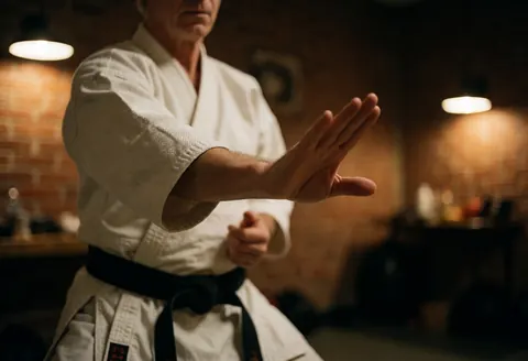 Instructeur de karate en action, main tendue dans un geste précis, portant un gi blanc et une ceinture noire dans un dojo aux murs de briques et à l'éclairage chaleureux.