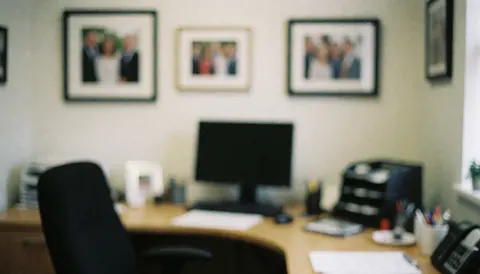 Arrière-plan de bureau professionnel montrant un ordinateur, une chaise, un bureau et des photos encadrées au mur, idéal pour ajouter du texte.