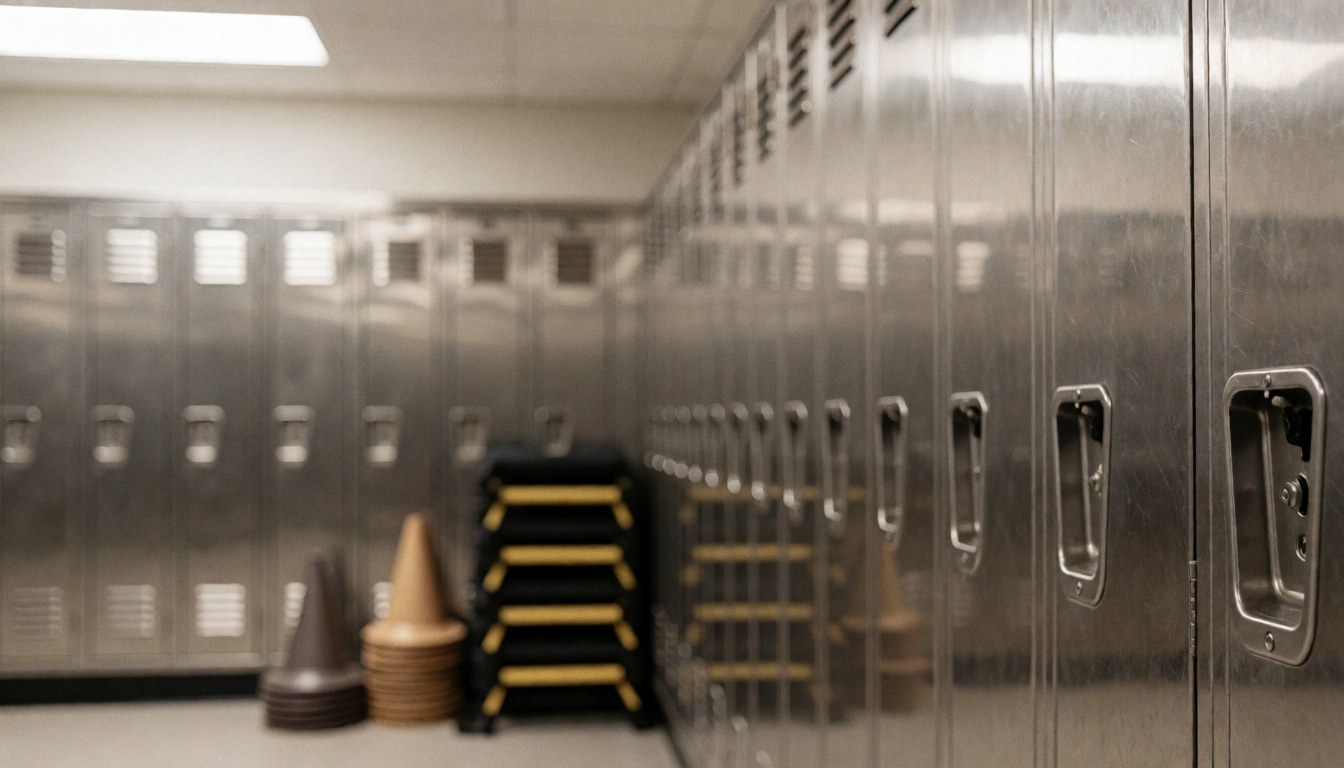 Fond de vestiaire avec casiers métalliques, cônes d'entraînement et échelles d'agilité, idéal pour des textes sur le sport professionnel.