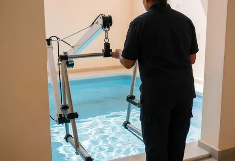 Un instructeur en uniforme sombre ajuste le matériel d'accès à l'eau dans une piscine intérieure baignée de lumière solaire.