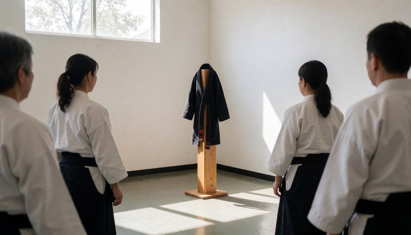 Quatre étudiants en uniforme blanc regardent un kimono noir suspendu dans un dojo lumineux.