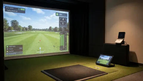 Simulateur de golf avec grand écran montrant un champ virtuel, un tapis noir et un dispositif d'analyse dans une pièce éclairée de manière chaleureuse.