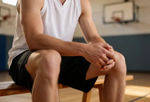 Un joueur de basket-ball est assis sur le banc du gymnase, les mains croisées, avec une lumière chaude et un fond flou montrant des paniers. Scène de préparation mentale avant le match.