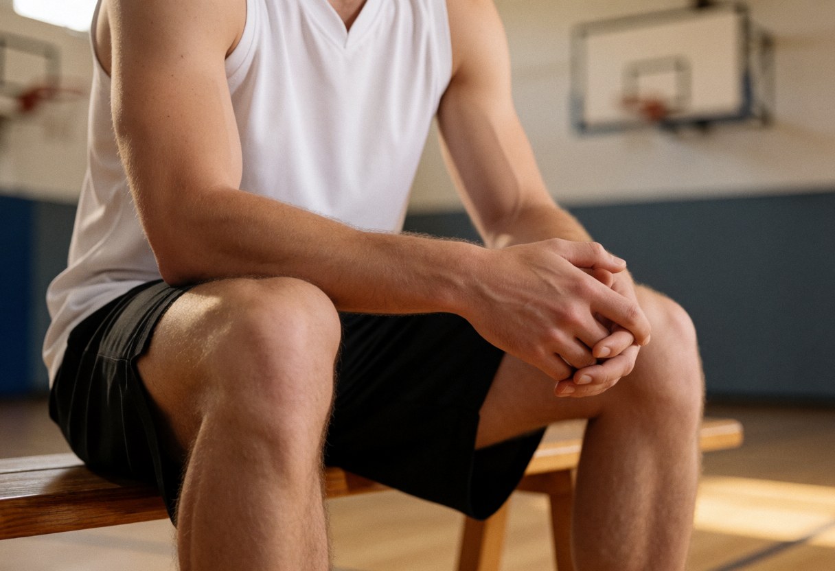 Un joueur de basket-ball est assis sur le banc du gymnase, les mains croisées, avec une lumière chaude et un fond flou montrant des paniers. Scène de préparation mentale avant le match.