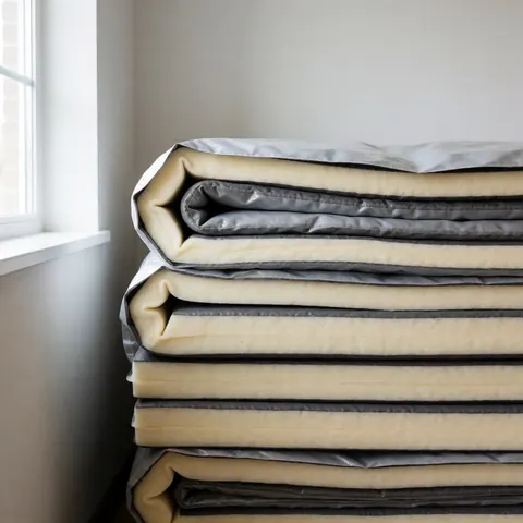 Une pile de tapis de gymnastique gris plié avec la mousse visible à côté d'une fenêtre éclairée par une lumière douce.