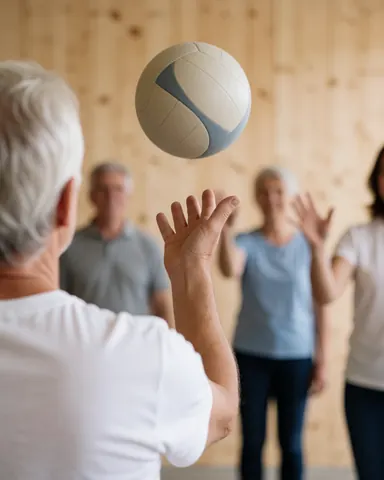 Un professeur de gymnastique lance une balle à un groupe d'adultes âgés lors d'un cours de remise en forme dans une salle aux murs en bois.