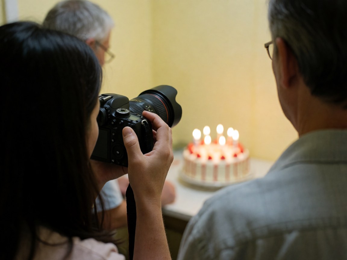 Une photographe capture un gâteau avec des bougies allumées, tandis que des personnes observent depuis l'arrière dans un cadre chaleureux à murs jaunes.