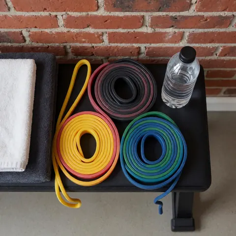 Des bandes de résistance aux couleurs vives posées sur un banc noir avec une serviette et une bouteille d'eau, devant un mur de briques rouges.