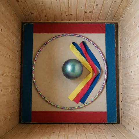 Cerceau, ballon et ruban de gymnastique rythmique posés sur un tapis aux bords rouges et bleus dans un espace aux murs en bois.