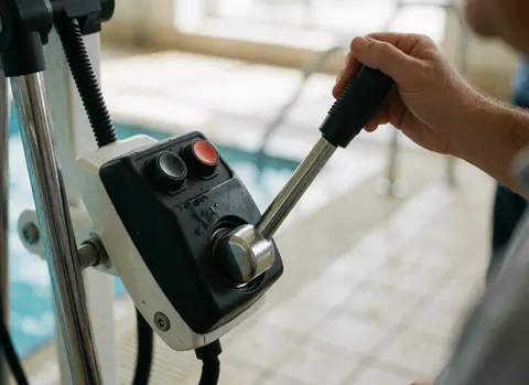 Une main manipule une manette et des boutons sur un tableau de contrôle hydraulique de piscine, avec un fond flou de carreaux et d'eau.