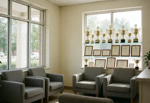 Accueil de gymnastique avec chaises grises, trophées et certificats dans une vitrine, lumière naturelle par les fenêtres, ambiance professionnelle et chaleureuse.