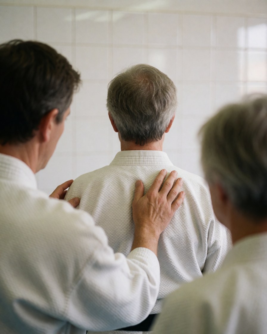 Deux adultes ajustent la posture d'une personne en kimono blanc dans un dojo aux murs carrelés blancs, évoquant le respect et l'entraînement.