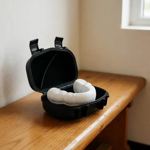 Un protège-dents blanc texturé posé sur une housse noire, sur un banc en bois dans un dojo, avec une lumière naturelle évoquant l'hygiène et la sécurité.