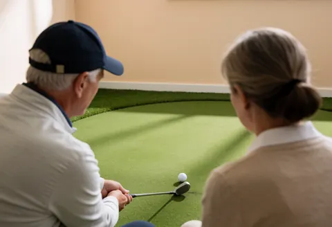 Un instructeur de golf montre à une femme comment frapper avec un wedge en intérieur. Ils sont de dos, concentrés sur la balle et le club.