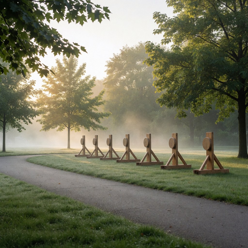 Cibles en bois pour entraînement d'arts martiaux dans un parc avec sentier, arbres et brume matinale, lumière dorée du soleil, ambiance calme et naturelle.