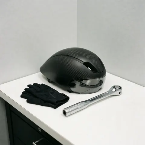 Casques de cyclisme noirs en carbone, gants noirs et clé de couple argentée posés sur une table blanche dans un atelier de réparation de vélos.