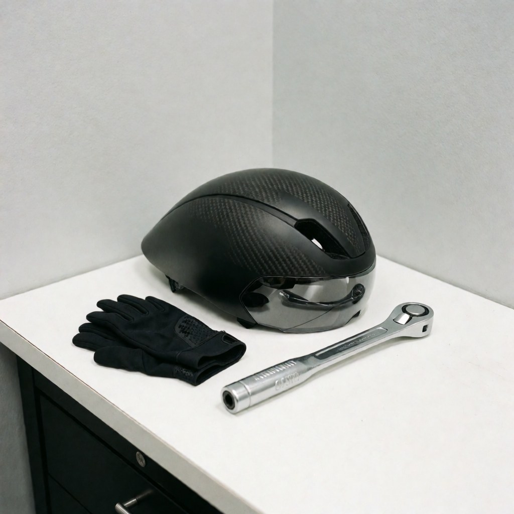 Casques de cyclisme noirs en carbone, gants noirs et clé de couple argentée posés sur une table blanche dans un atelier de réparation de vélos.