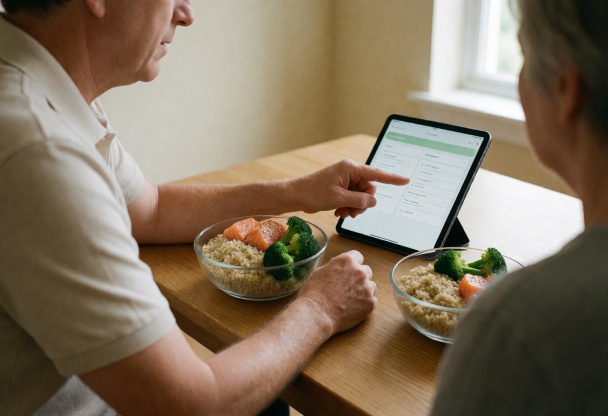 Un coach explique un régime sain à un client avec des bols de quinoa, saumon et brocoli sur une table en bois.
