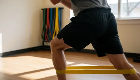 Un homme adulte réalise un exercice de fente avec une bande élastique jaune dans un gymnastique au sol en bois et à la lumière naturelle.