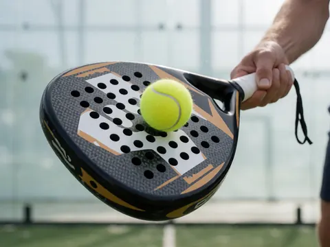 Gros plan d'une balle de tennis jaune percutée par une raquette de padel noire et orange tenue par une main, sur fond de verre flou.