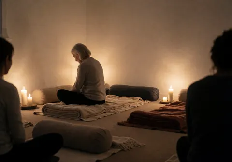 Séance de yoga dans un espace chaleureux éclairé par des bougies, avec des couvertures et des coussins, créant une ambiance sereine pour un studio.