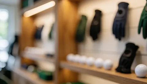Fond flou d'un magasin de golf avec des balles blanches et des gants suspendus, éclairage chaleureux et bois, idéal pour les textes de services d'instruction.