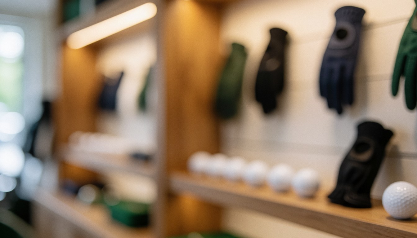 Fond flou d'un magasin de golf avec des balles blanches et des gants suspendus, éclairage chaleureux et bois, idéal pour les textes de services d'instruction.