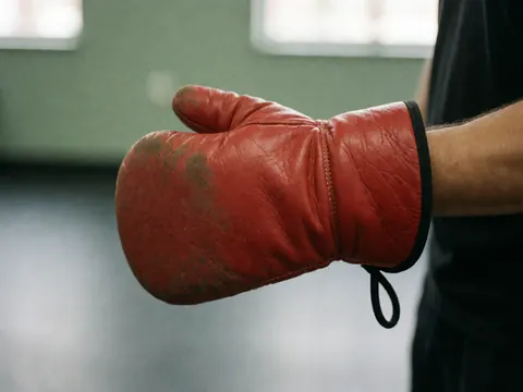 Gant de frappe rouge en cuir avec texture visible et traces d'usure, tenu par une main dans un gymnase aux murs verts.