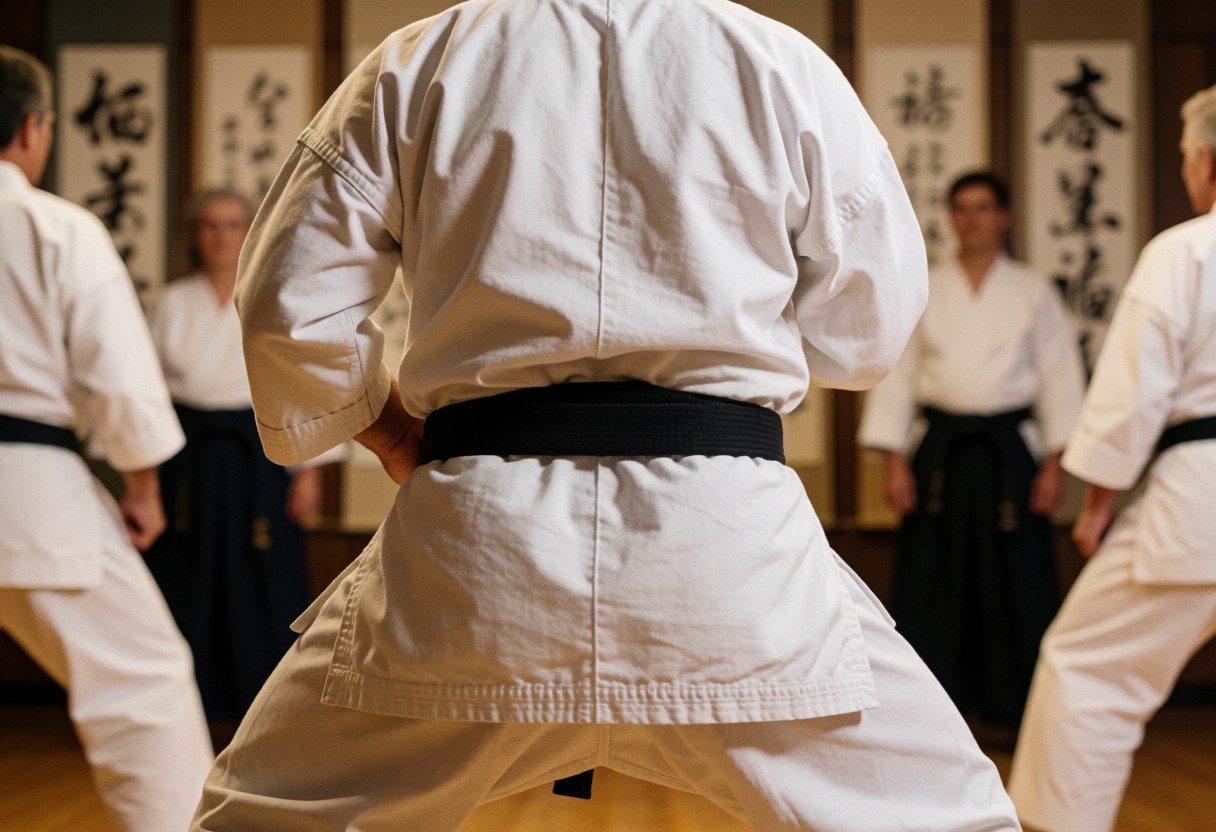 Un instructeur en kimono blanc et ceinture noire pratique un kata dans un dojo avec une calligraphie japonaise floue en arrière-plan.